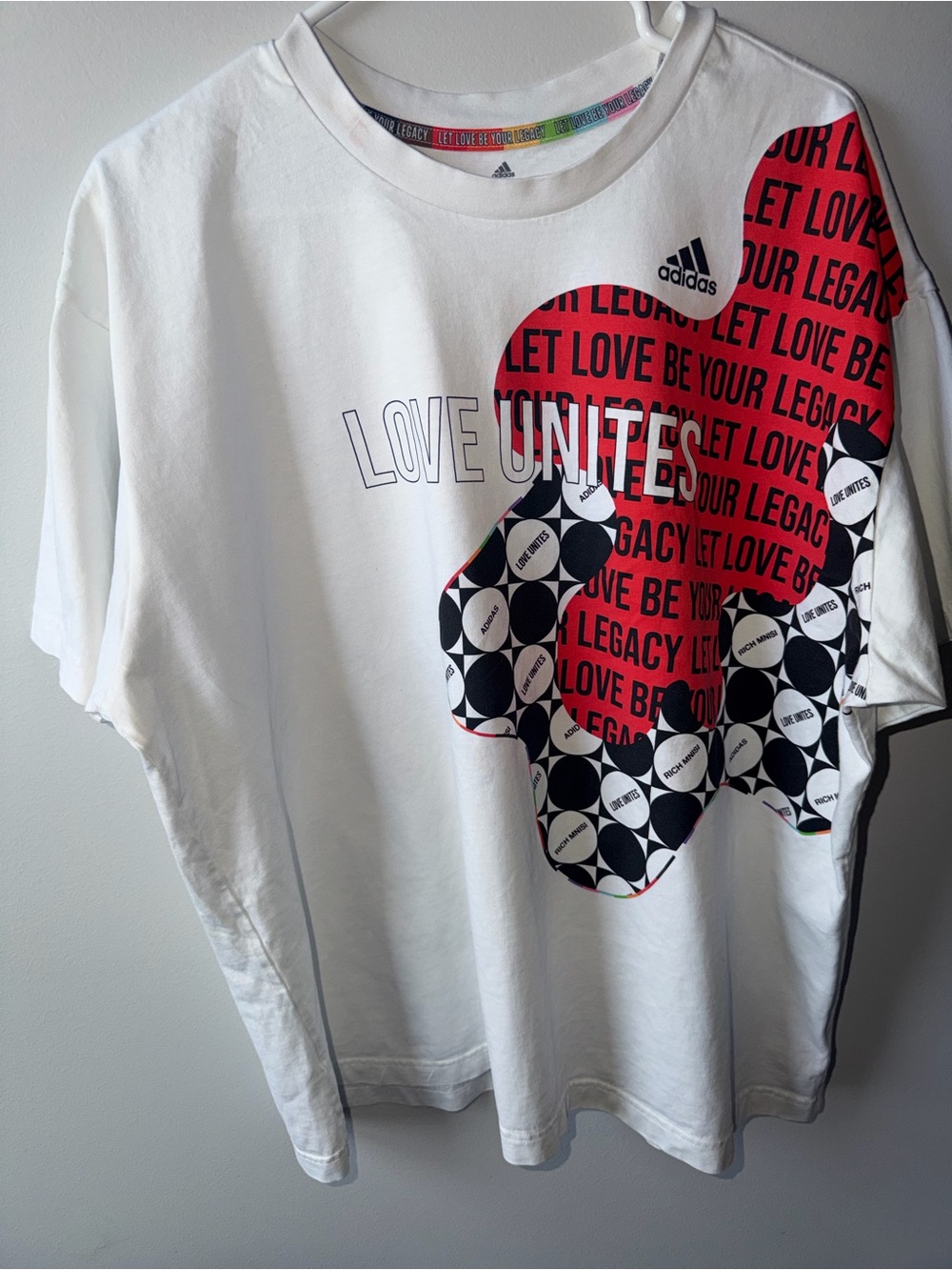 adidas White Tee with Red & Black 'Love Unites' Graphic